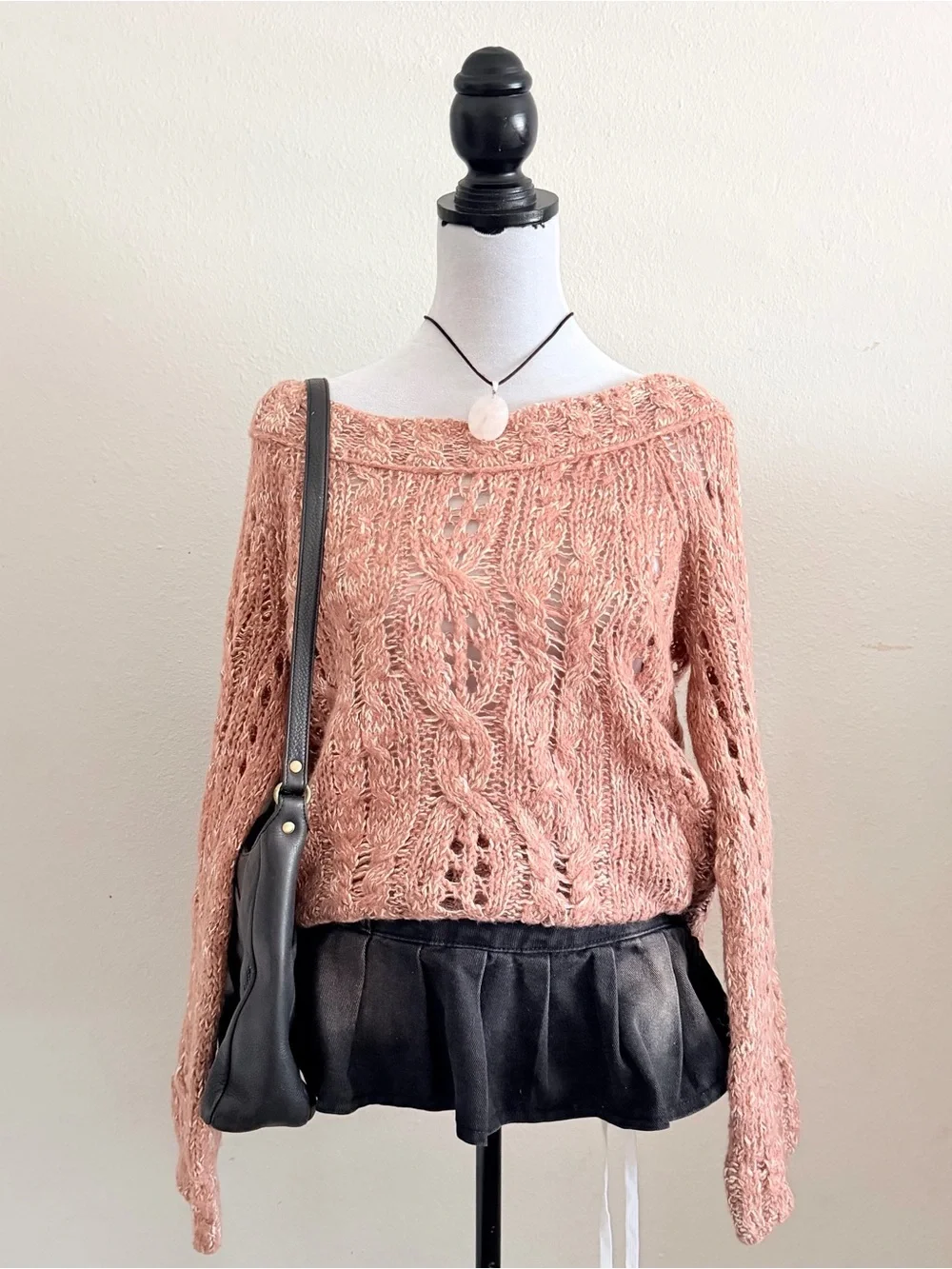 Free People pink crochet oversized bell sleeve sweater